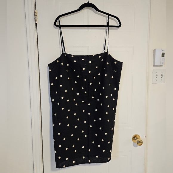 H&M Classic Shift Dress womens XL Linen Navy White Polka Dot adjustable straps - Picture 1 of 5